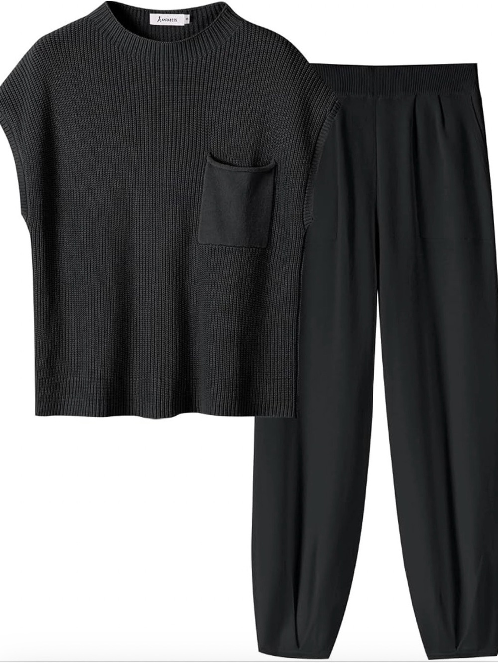 Sleeveless Knit Top & Easy Tapered Pants Set - Black